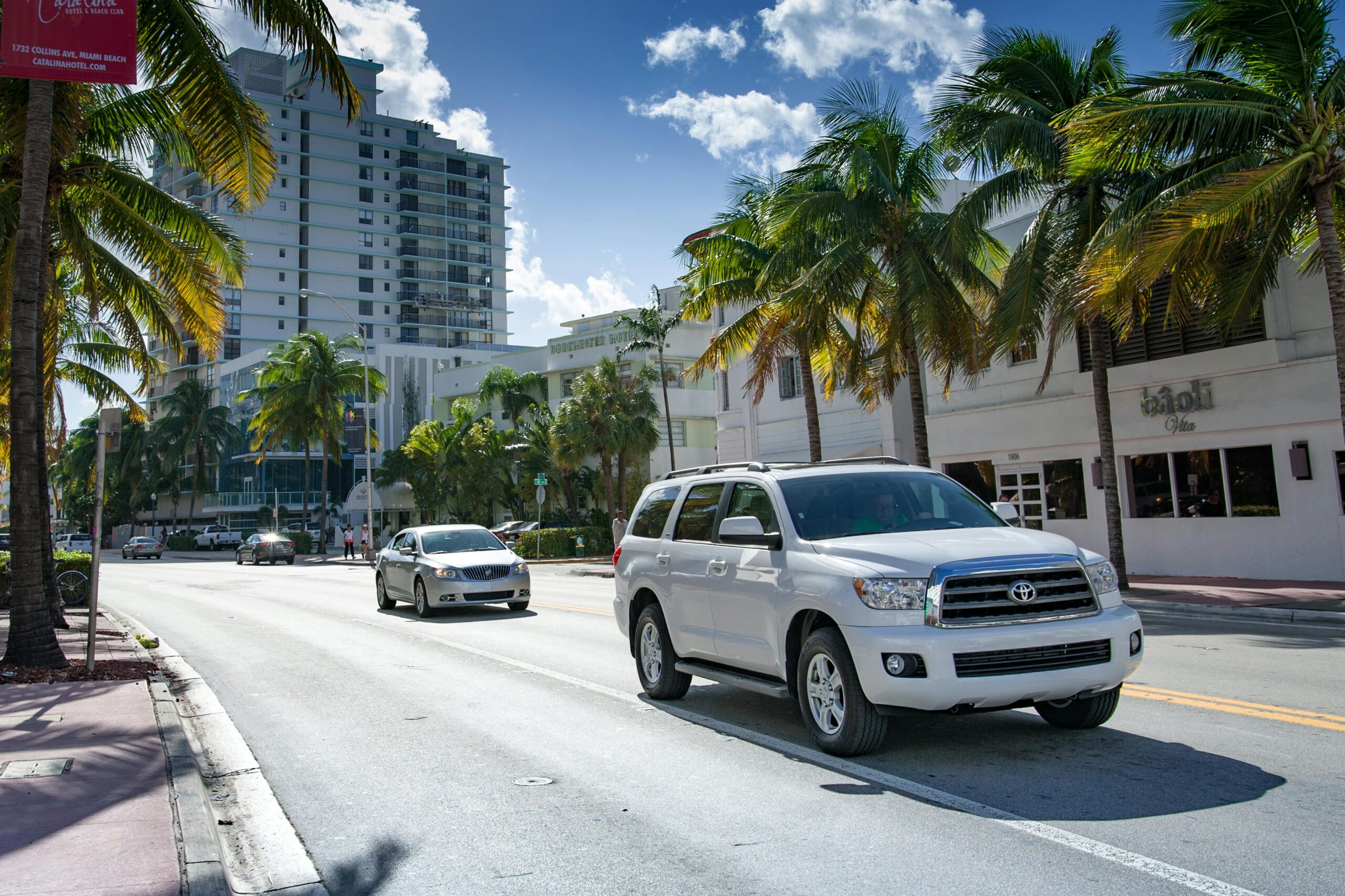 Two cars on a Florida road surrounded by palm trees and modern buildings.