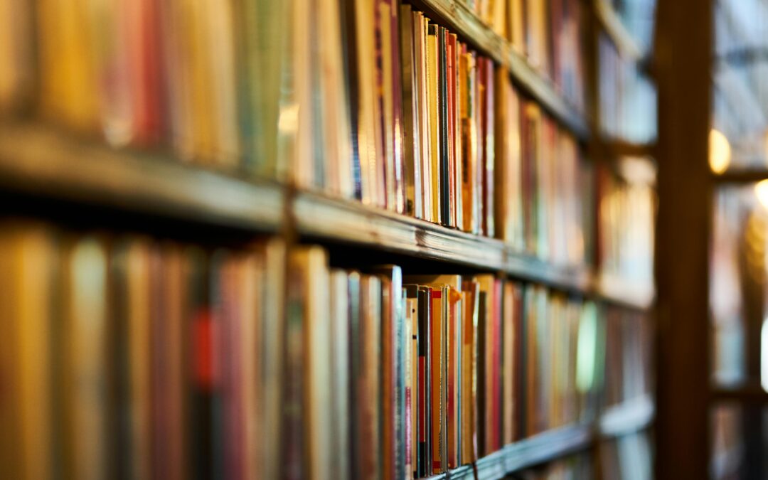An array of books sit on shelves.