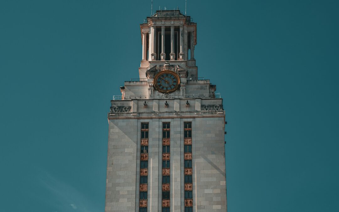 The main tower at the University of Texas at Austin campus in Texas.