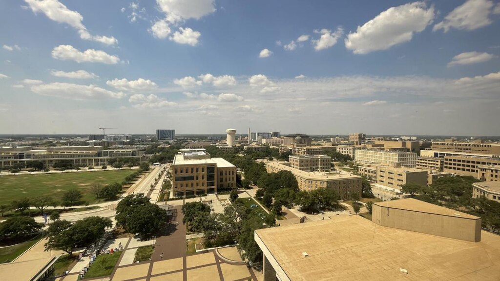 An aerial view of the Texas A&M University campus in College Station, Texas.