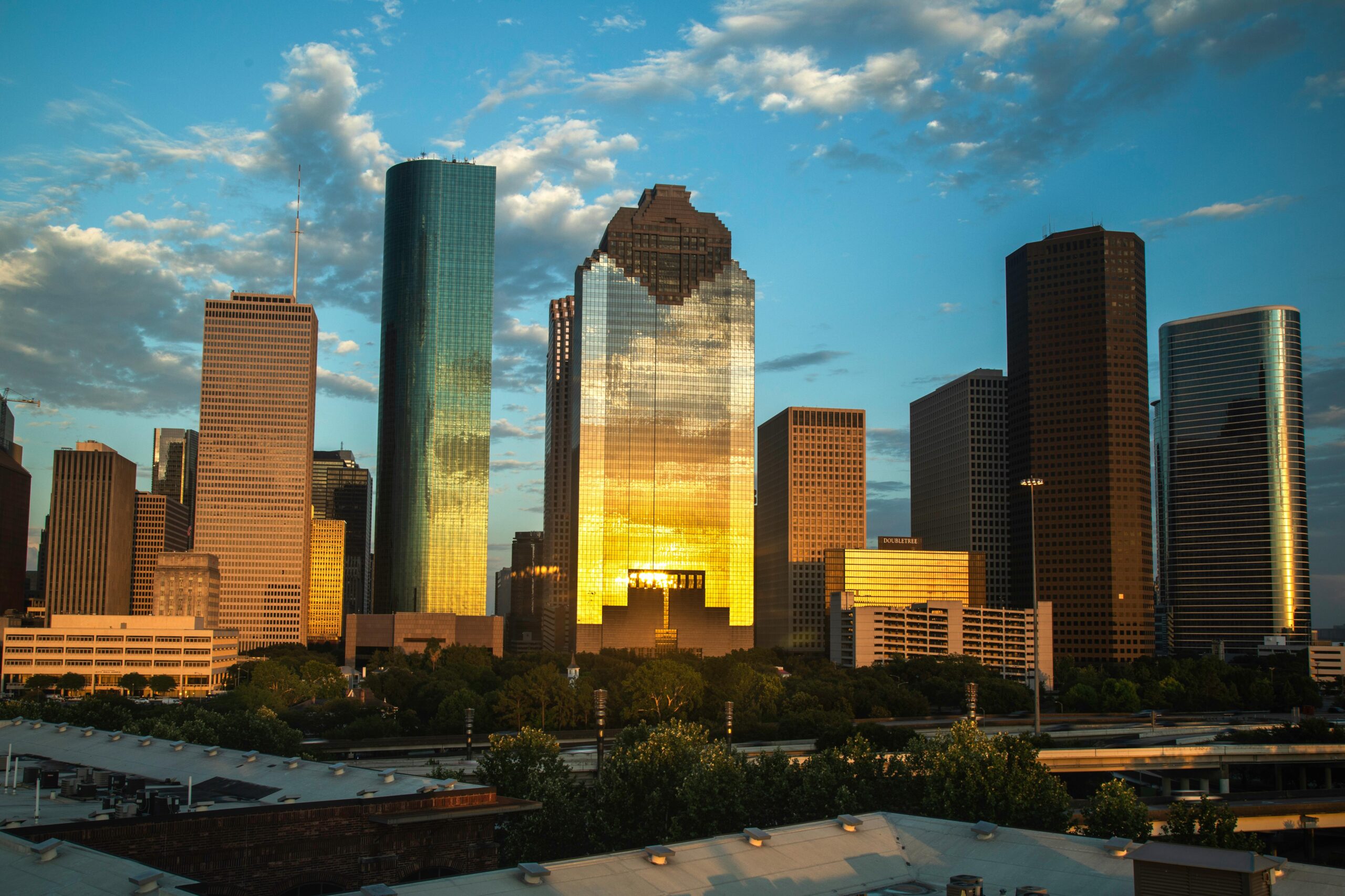 The Houston skyline from a distance.