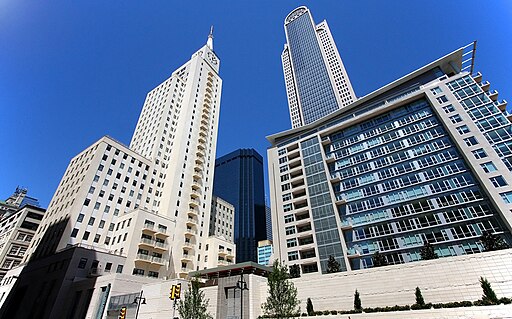 Tall financial buildings in Dallas on Main Street.