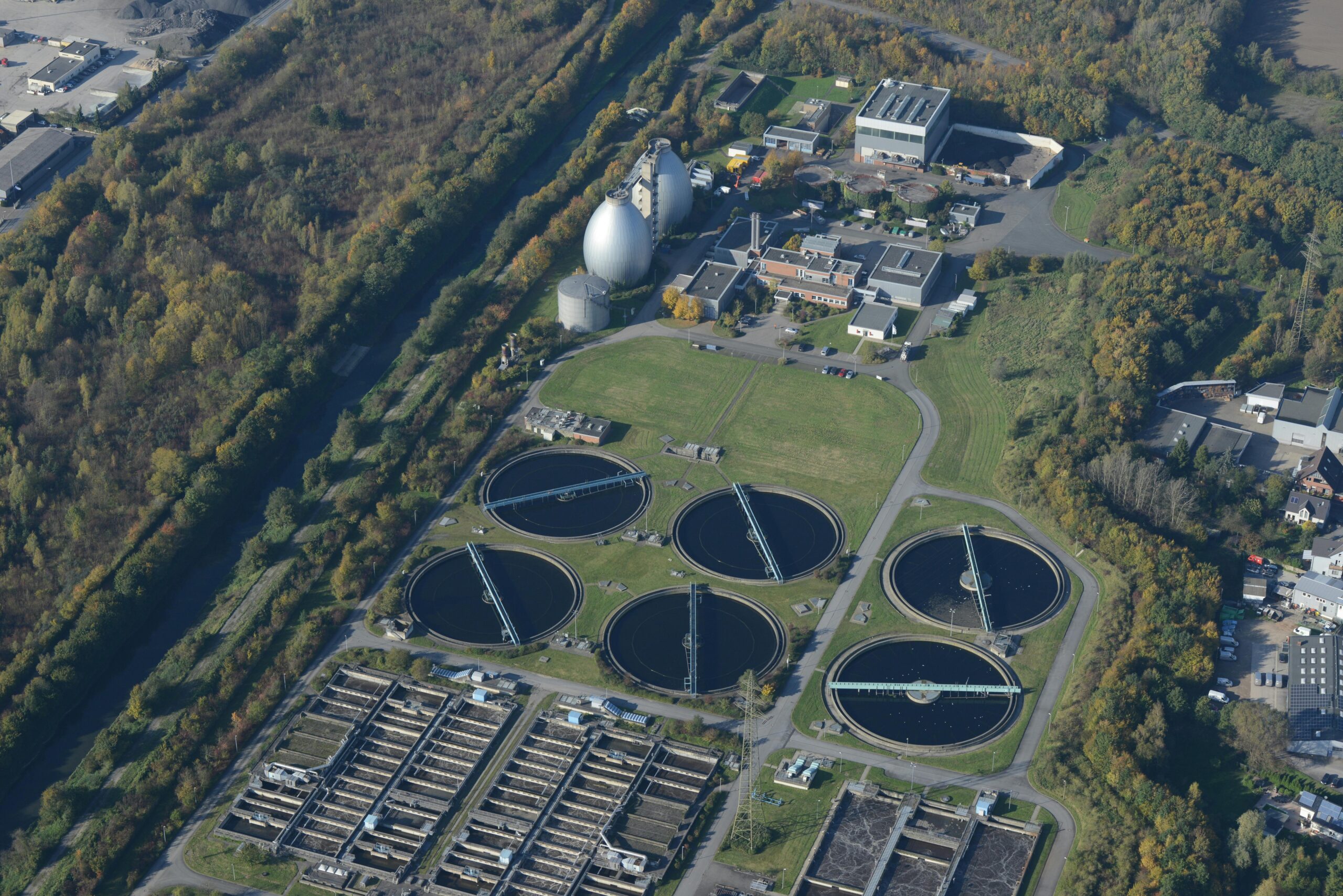 An aerial view of a water treatment and purification facility.