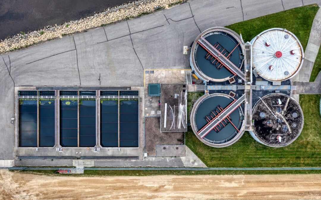 An aerial view of a water treatment plant.