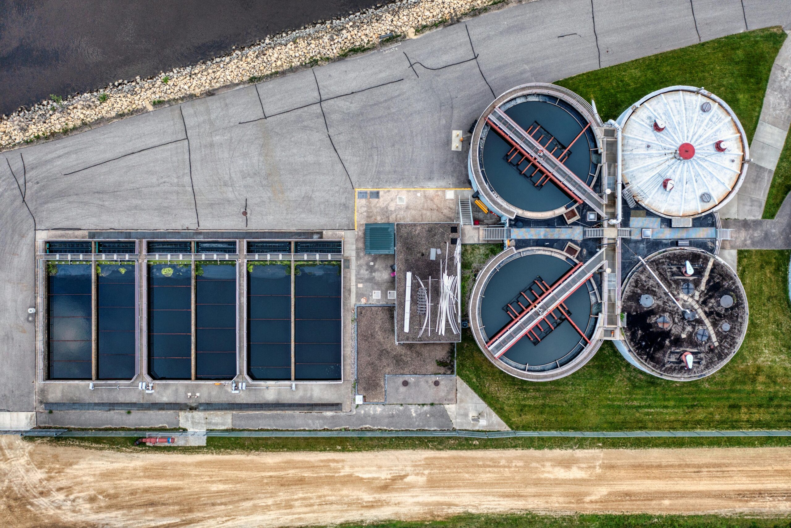 An aerial view of a water treatment plant.