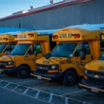 A line of school buses parked.