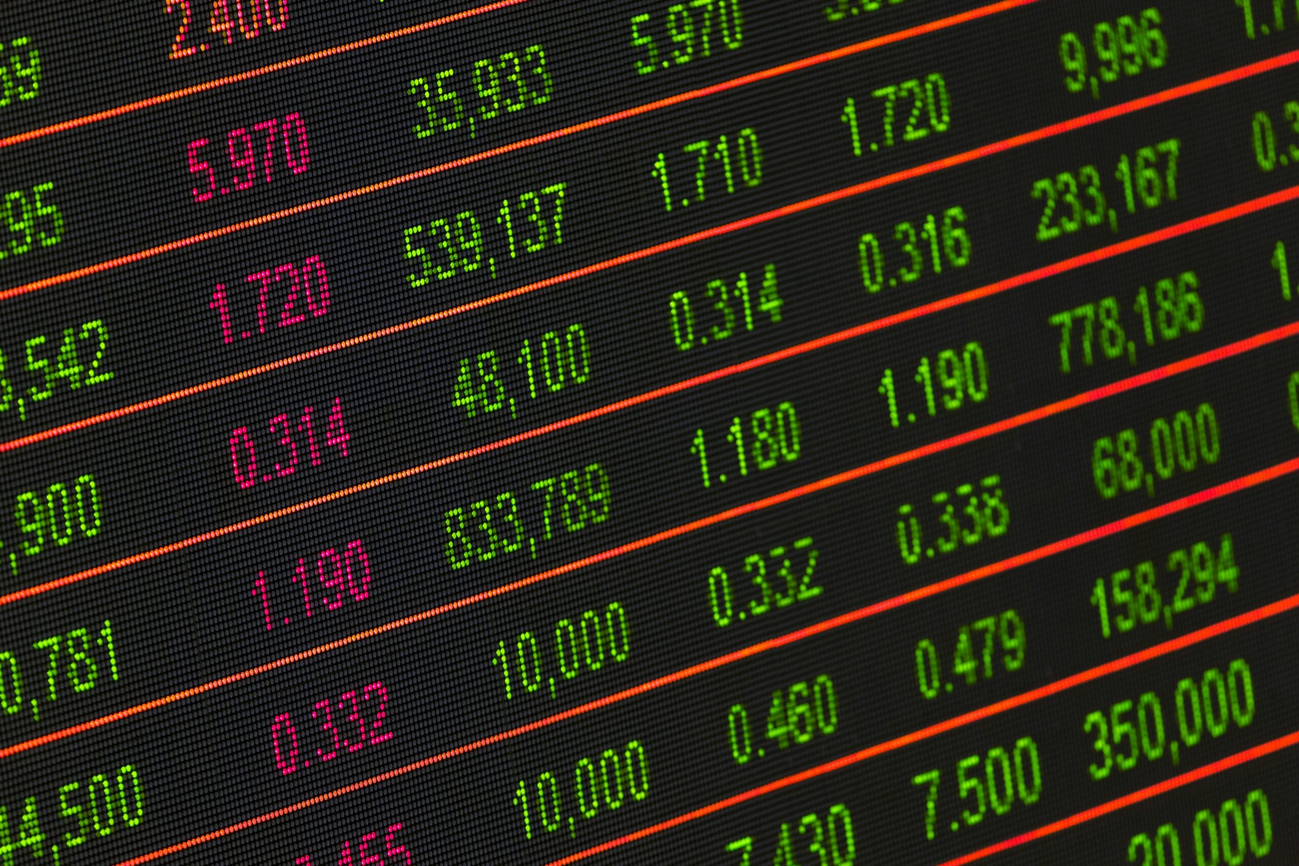 Stock tickers and numbers on a digital screen.