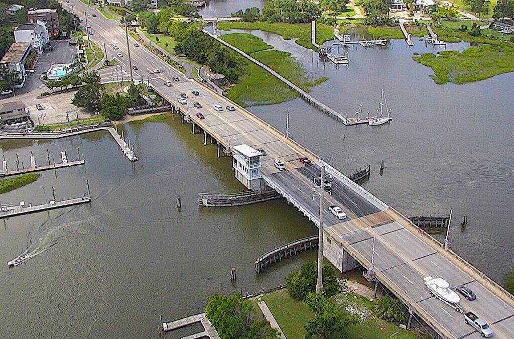 An above view of a road bridge in Wrightsville Beach, North Carolina.