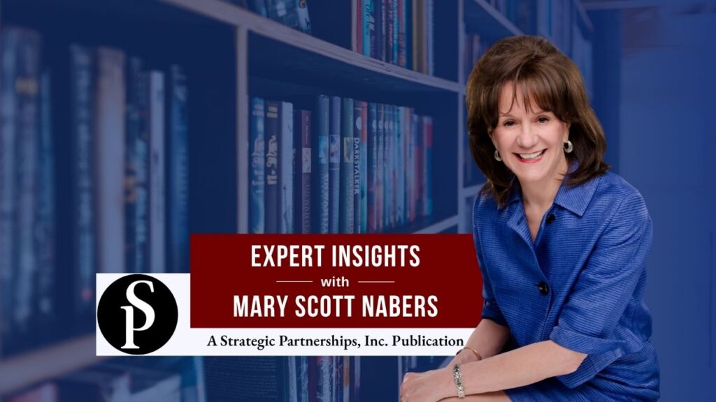 Mary Scott Nabers before a library with books for her weekly column.