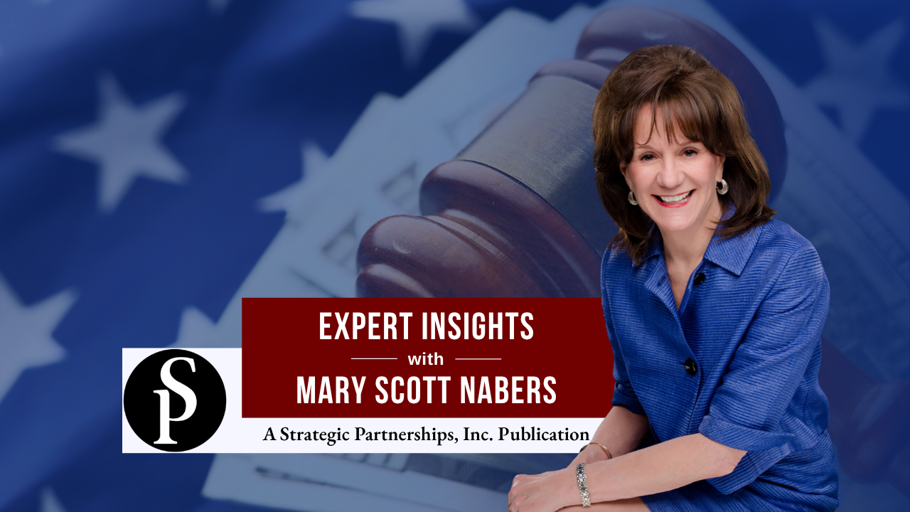MSN Column May 15 Mary Scott Nabers before a gavel, money and an American flag for her weekly column.