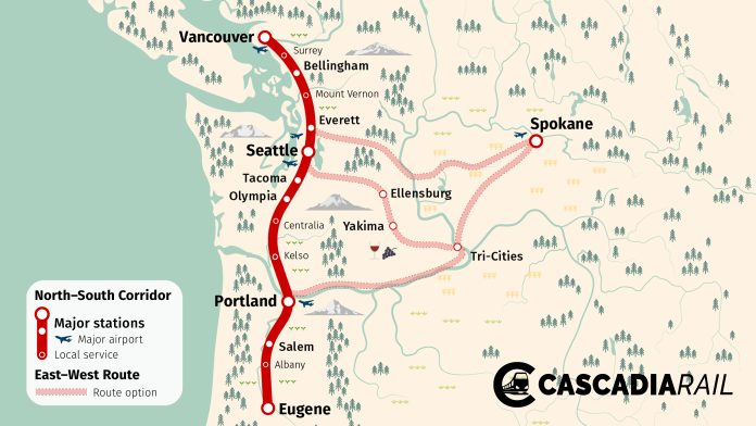 Cascadia-Rail-map photo Cascadia Rail map High speed rail study on track with $10B appropriations bill