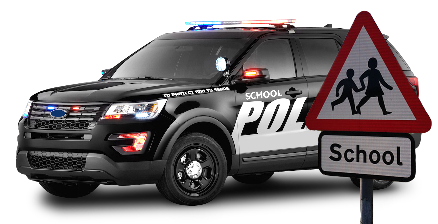 Image of a police vehicle and safety signdepicting school safety