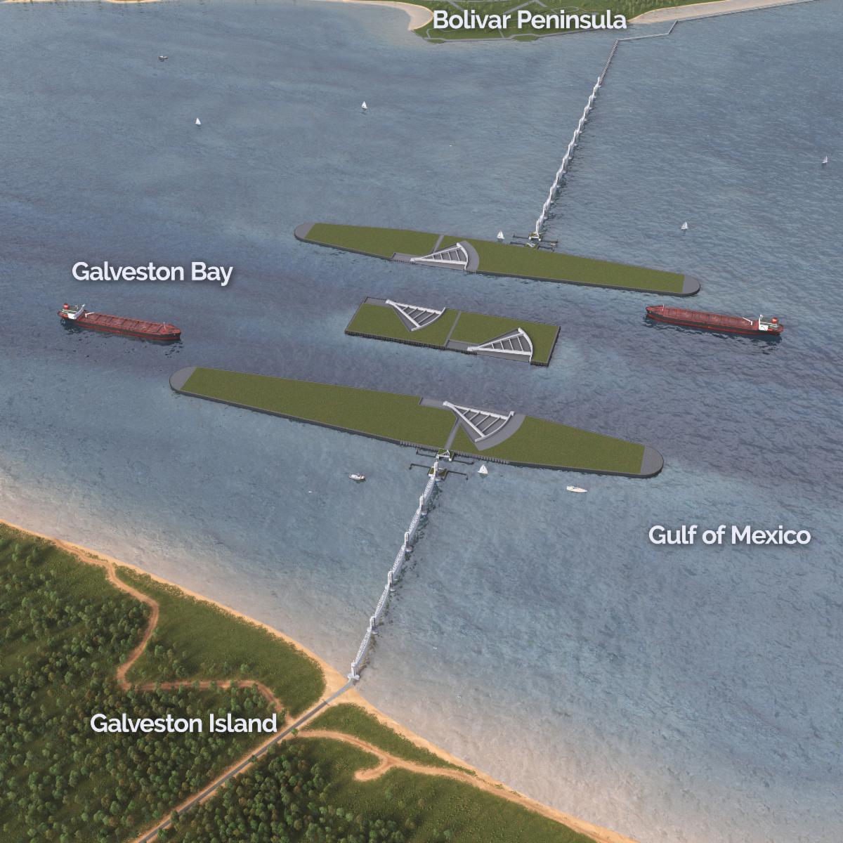 USACE Ike Dike Aerial view of the Bolivar Roads Gate System rendering2 Army Corps, GLO revise coastal storm surge barrier plan to estimated $26.2B