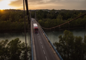 Image of a truck crossing a suspension bridge